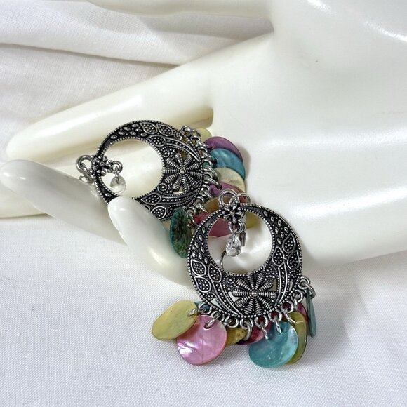 Silver Tone Dangle Earrings Multicolor Shell Discs - Picture 5 of 8